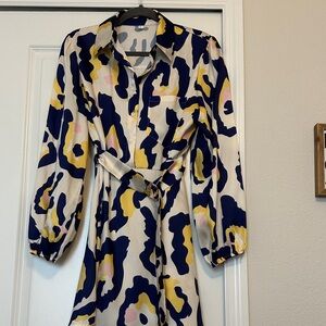SHEIN Long Sleeve Abstract Print Shirt Dress in Navy, Yellow & Pink
